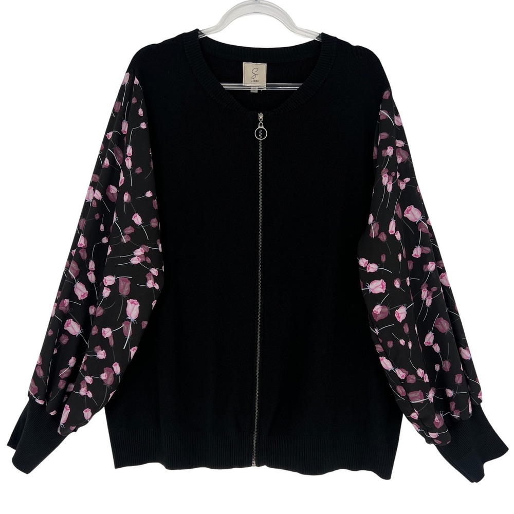 Sioni Zip Up Cardigan‎ Women 3X Black Rose Floral Sheer Sleeve Romantic Sweater